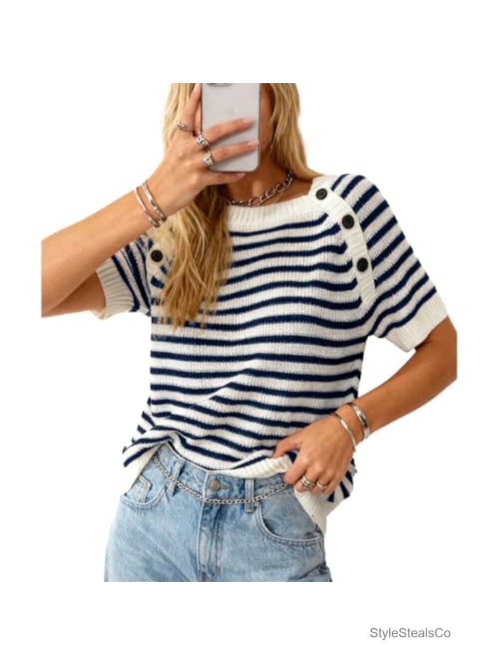 Striped Knit Sweater Vest Short Sleeve Button Shoulder Crew Neck Pullover